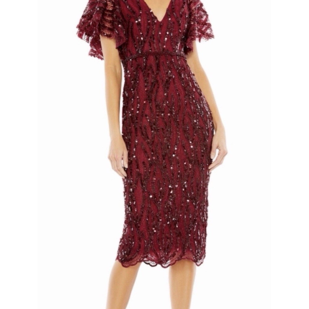 Mac Duggal Red Sequin Cocktail Midi Dress. Size 10 Fringe Sleeves V-Neck. NWT - Picture 2 of 14